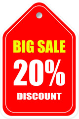 Sale tag, discount 20% off, isolated sticker, banner design template, vector illustration
