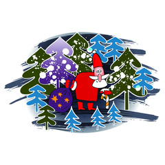 Cartoon Santa Claus and Christmas tree with snow. Christmas card.  