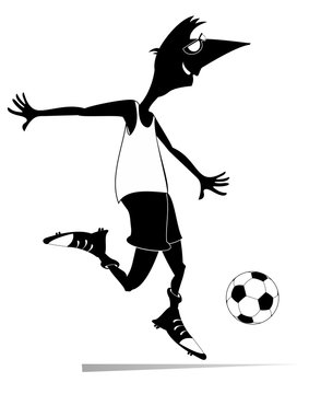 Smiling young man playing football illustration. Cartoon football player kicks a ball black on white
