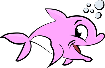 Pink cartoon dolphin swimming underwater vector illustration for children