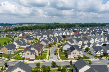 Aerial view of the Greenway Village subdivision in Clarksburg, Montgomery County, Maryland. - obrazy, fototapety, plakaty