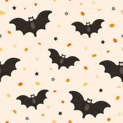 Seamless pattern with cute bat with manga style face. Abstract vector illustration for Halloween party. Beige background with stars and candies.