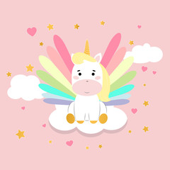 Baby unicorn with stars and hearts. Vector