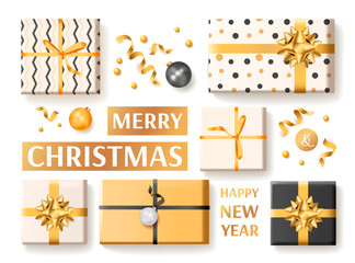 Merry Christmas and Happy New Year greeting card. White, black and golden collors. Gift boxes, Christmas balls, ribbons. Vector illustration for poster, banner, card, cover, postcard.
