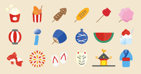 Japanese Summer Festival Icon Set (Simple flat vector for illustrations or graphics)