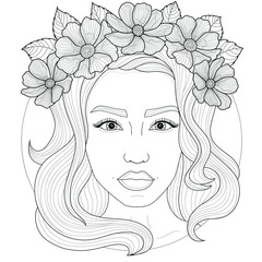 Beautiful girl with a wreath on her head.Coloring book antistress for children and adults. Zen-tangle style.Black and white drawing