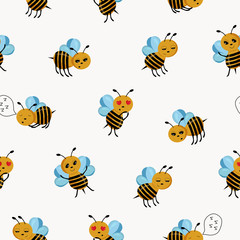 Seamless pattern with flying bees. Vector cartoon black and yellow bees, love bee funny bees on a white background. Cartoon cute bee seamless pattern