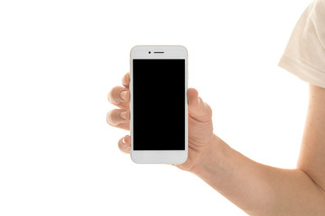 Man holding a smartphone with empty black screen. Mobile phone in a vertical position in hands and isolated on white background. High quality studio shot. Man shows the phone screen to the camera.