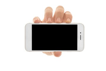 Man holding a smartphone with empty black screen. Mobile phone in a vertical position in hands and isolated on white background. High quality studio shot. Man shows the phone screen to the camera.