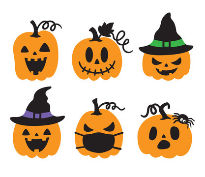 Vector illustration of jack o lanterns. Cute halloween pumpkin with witch hats and spider vector.