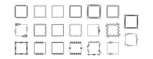Set Black Simple Line Collection Doodle Square Floral Frame Leaves Elements Vector Design Style Sketch Isolated Illustration For Banner