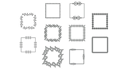 Set Black Simple Line Collection Doodle Square Floral Frame Leaves Elements Vector Design Style Sketch Isolated Illustration For Banner