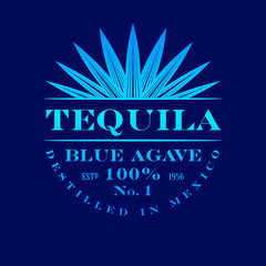 Tequila label. Blue Agave Tequila logo or emblem. Blue classic letters and agave plant on dark-blue background. - obrazy, fototapety, plakaty