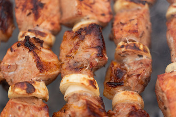 pieces of meat are fried on coals. cooking on the grill. horizontal close-up photo of delicious food