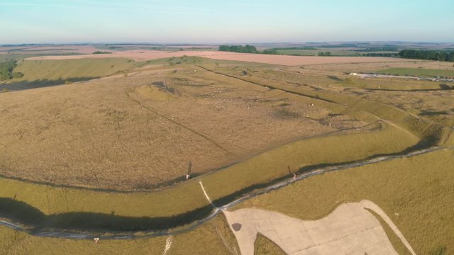 Aerial view of Westbury White Horse, an ancient chalk hillside mural in Wiltshire, England