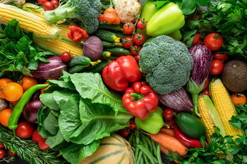 Fresh organic vegetable. Background from vegetables. Top view.