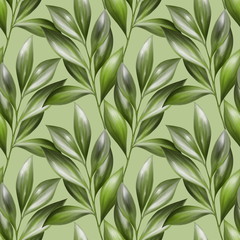 Green leaves seamless pattern. Summer floral background