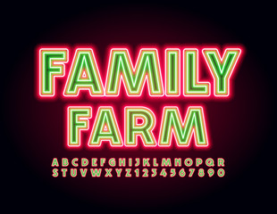 Fototapeta na wymiar Vector trendy logotype Family Farm. Neon modern Font. Glowing bright Alphabet Letters and Numbers