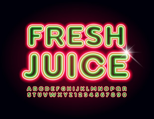 Vector bright emblem Fresh Juice. Green and red Neon Font. Electric Alphabet Letters and Numbers set