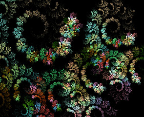 Colorful spirals on a black background. Abstract fractal background. 3d rendering. 3d illustration.