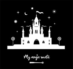 Vector illustration of white medieval castle with lettering and magic wand isolated on black