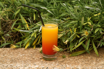 glass of orange juice with syrup in a glass on a green background