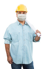 Male Contractor In Hard Hat Wearing Medical Face Mask During Coronavirus Pandemic Isolated on White