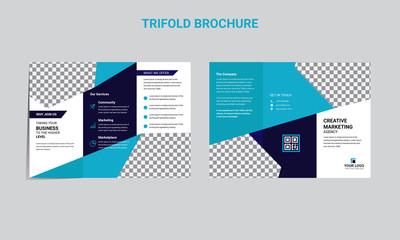 Vector triple folding brochure for business and advertising. The template is white with a red hexagon and a place for photos. Design for printing and advertising.