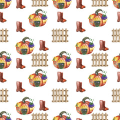 Obraz premium Halloween watercolor seamless pattern pumpkin and autumn isolated object on white background. For fabric and paper design