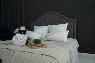 interior in gray, white, bed colors