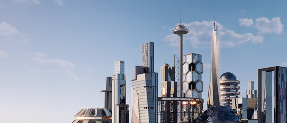 Scifi futuristic city skyline panorama, 3D Illustration © Isidora BanovicBelic