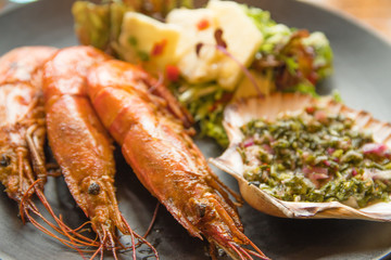 Prawn starter salad with pineapple salsa and salsa verde tapas style