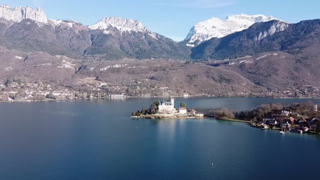 Panoramic aerial view of Chateau de Duingt on Annecy lake, France