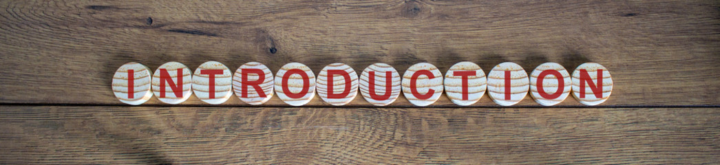 White small wooden circles with word 'introduction' on wood background. Business concept. - obrazy, fototapety, plakaty