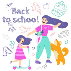 Happy girl on a scooter going to school with mom, modern flat vector illustration. Back to school, blackboard, chalk drawings. Smiling cartoon characters.