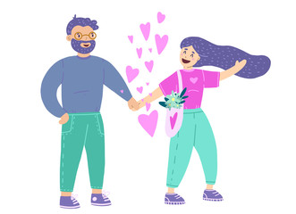 Happy young family walk together in the park, modern flat vector illustration. Mom, dad, children, and pet.