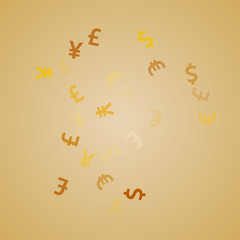 Euro dollar pound yen golden signs scatter money vector illustration. Deposit concept. Currency 