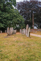 Concrete headstones in the cemetery