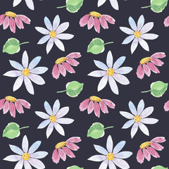 Seamless watercolor floral pattern on dark background, simple flowers and leaves.