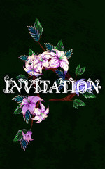 Lettering the words "Invitation" on a background of wild orchids and lilies and a decorative green background. Flower illustration. Botanical design. Summer plants. Flower romance. EPS 10