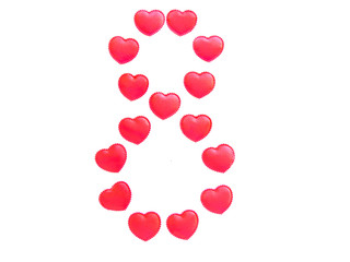 The number eight is made up of small red hearts isolated on a white background. Bright red font.
