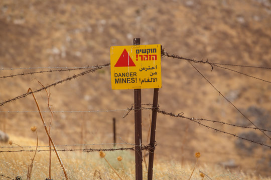 A sign Danger Mines on Golan Heights, Israel