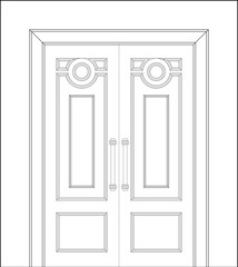 An Image of timber decorative door double leaves in 2D Architectural CAD drawing. Comes with a variety of attractive designs. Comes with metal door frames and ironmongery. Drawing in black and white. 