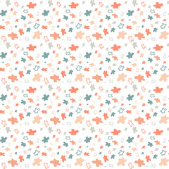 Seamless repeat pattern, irregular colorful plump shapes, both with and without fill. Playful design with white background. Jpg illustration.