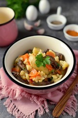 Turkey stew heart with potatoes, cauliflower, onions and carrots.