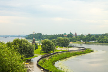 Strelka - the confluence of two rivers in Yaroslavl Russia on a cloudy summer day and a space for...