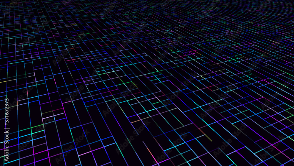 Poster Abstract dark background with shining multicolor wireframe grid. Pespective colorful mesh landscape.