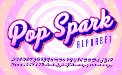 A Bright Pop Art Style Bold Script. This Alphabet Uses Bright Pinks and Purples to Create a Retro and Fun Vibe. Pop Spark is a Rounded Cursive Style Font with a Bright Spiral Background.