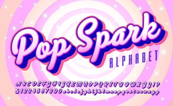 A Bright Pop Art Style Bold Script. This Alphabet Uses Bright Pinks and Purples to Create a Retro and Fun Vibe. Pop Spark is a Rounded Cursive Style Font with a Bright Spiral Background.