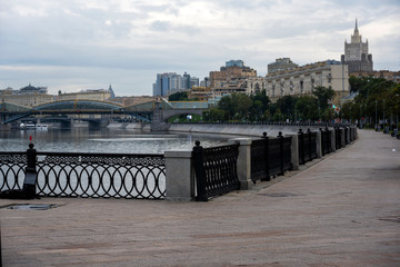 panoramic view of the big river in the city at sunrise
